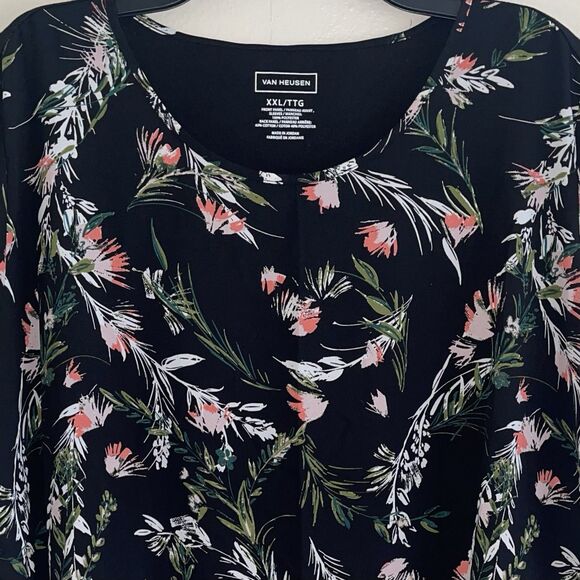 Van Heusen Floral Top Womens Plus Size XXL Mix Media Flowy Black Short Sleeves - Picture 2 of 7